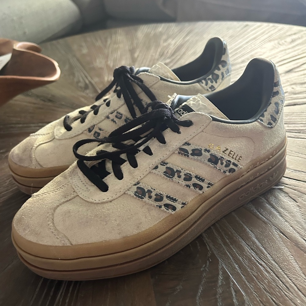 adidas Suede Sneakers in Cream with Black and Leopard Accent